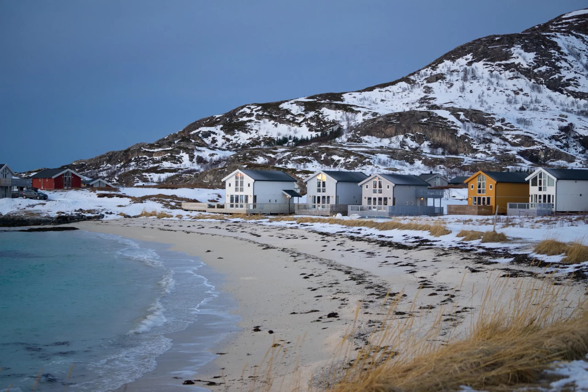 Beach and cabins at Sommarøy close to Tromsø in Norway