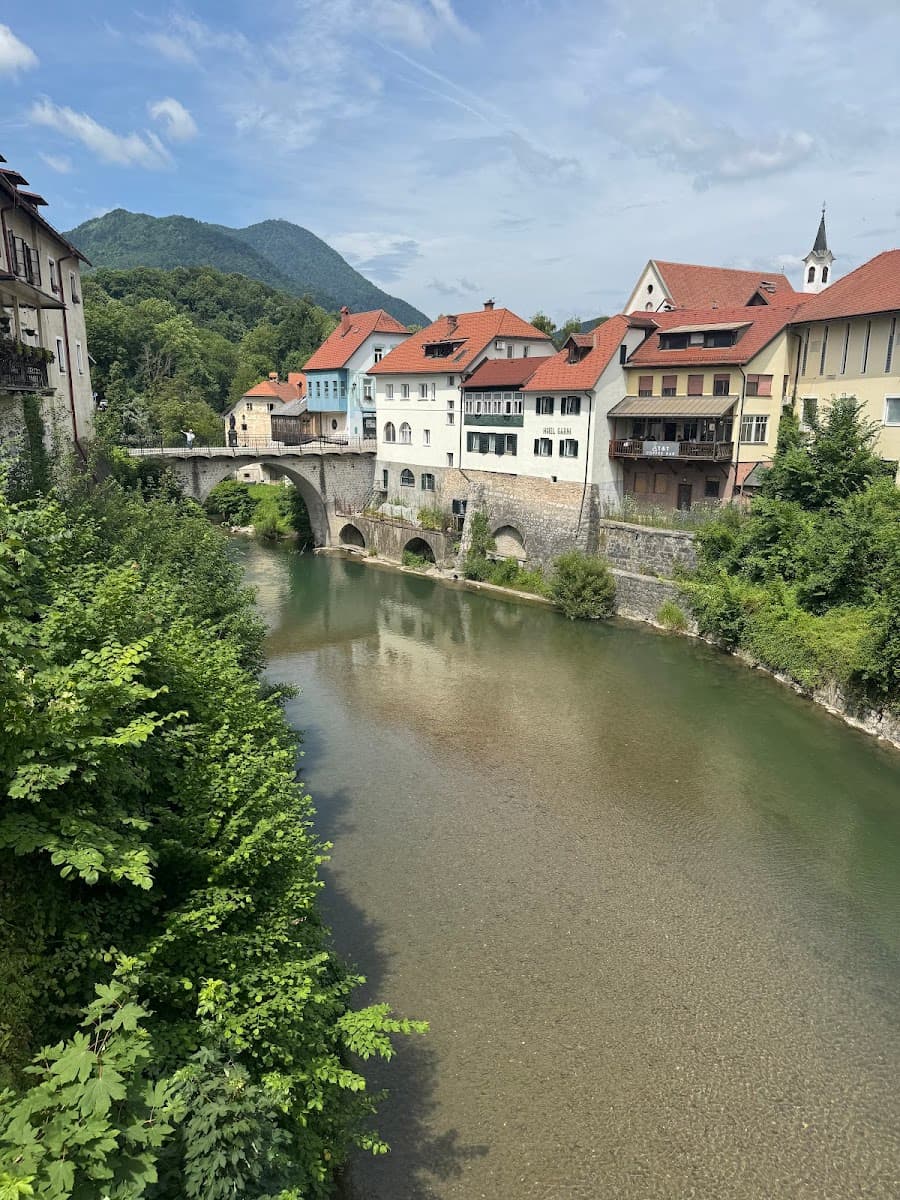 Historic town with stone bridge over clear river, backed by green mountains